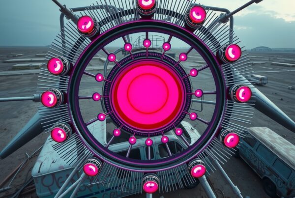 Futuristic neon structure glowing in industrial landscape.