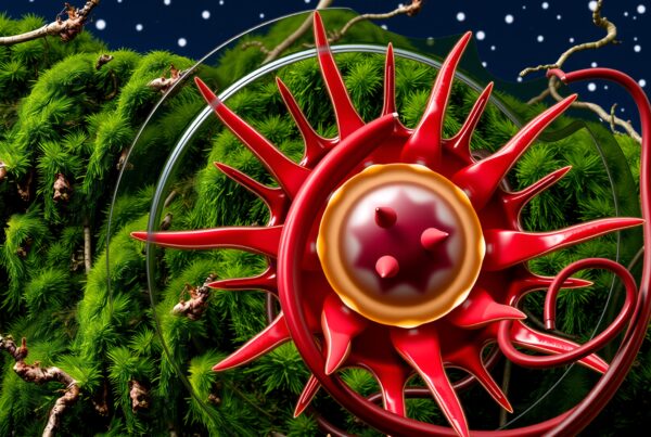 A vibrant surreal red object against green moss and a starry sky.