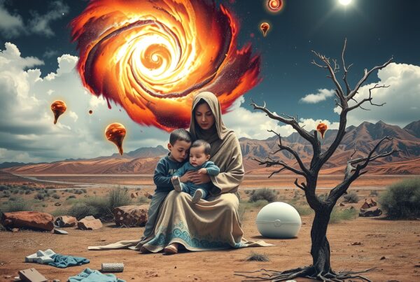A woman with children in a surreal desert landscape under fiery cosmic skies.