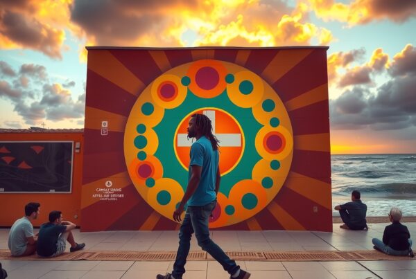 A man walks past colorful street art on a seaside promenade at sunset, with stunning ocean and sky views.