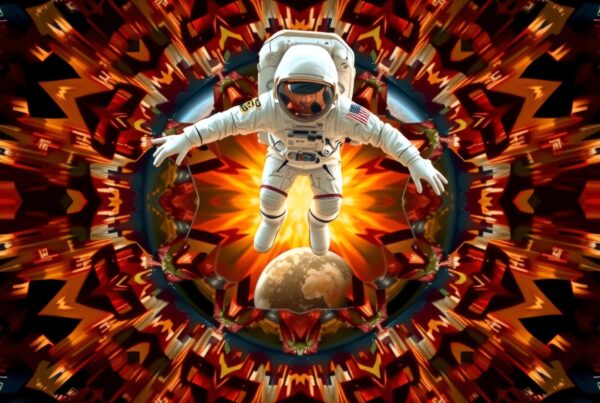 Astronaut floating amid colorful cosmic kaleidoscope explosion.