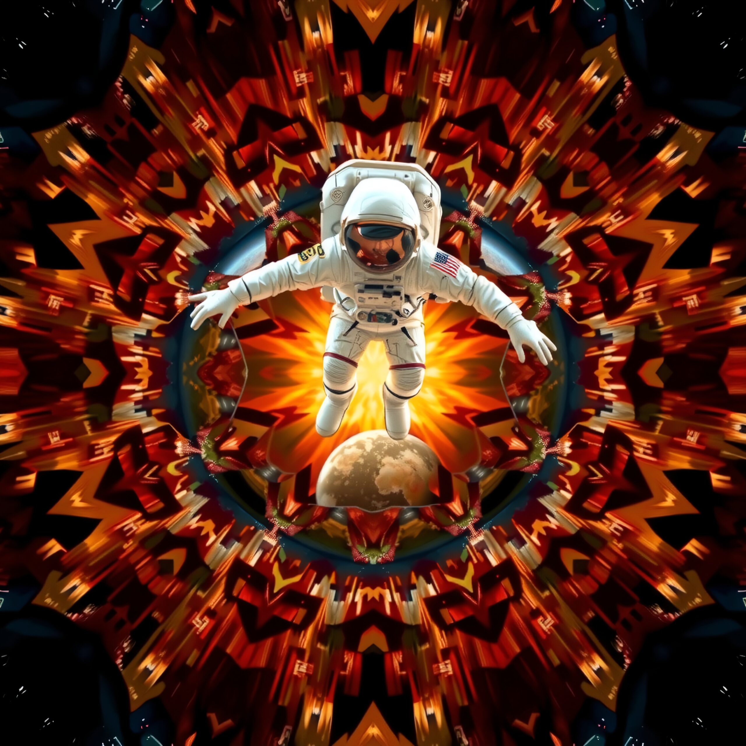 Astronaut in colorful cosmic explosion