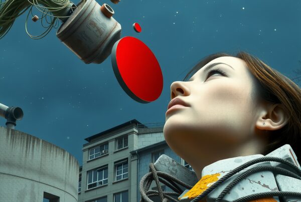 Surreal image of a futuristic woman gazing at a floating object in an urban night sky.
