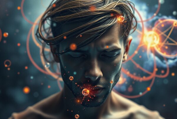 Depicted is a man in deep meditation surrounded by digital elements and glowing orbs, symbolizing cosmic connectivity.