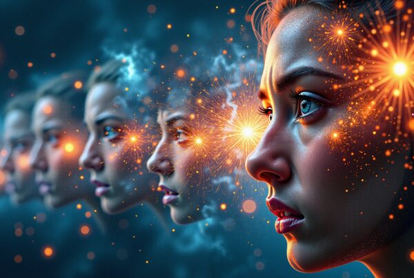 A surreal digital artwork depicting a transition of faces with cosmic light bursts.