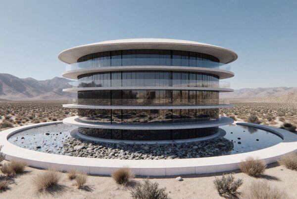 A modern circular building with glass facade stands in a desert landscape, surrounded by mountains and a reflective pool.