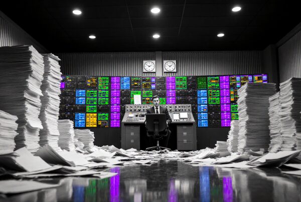 An overworked man sits amid towering paper stacks in a colorful data-filled control room.