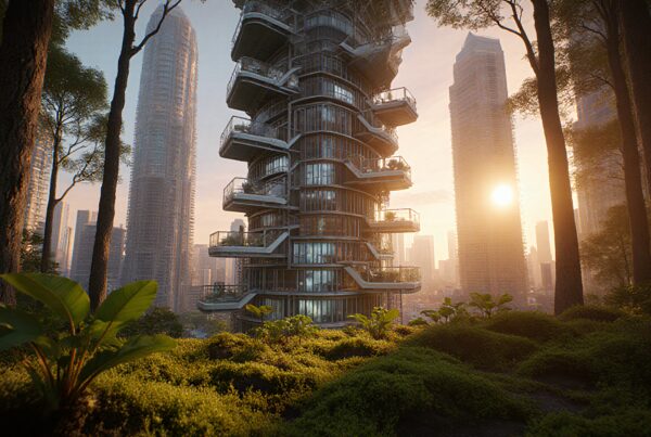 Futuristic cityscape with vertical structure surrounded by nature, blending urban life with greenery at sunrise.