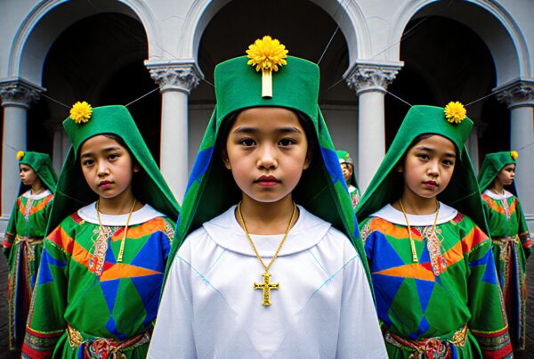 Three girls in colorful traditional attire with architectural background.