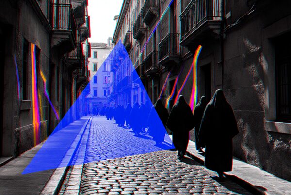 An eerie city street with cloaked figures, glitchy colors, and a blue triangle overlay.