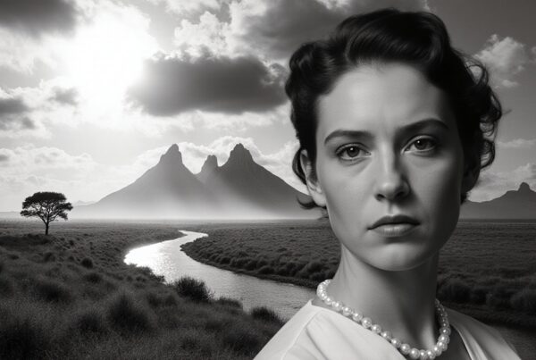 A woman stands by a river in front of mountains under a cloudy sky.