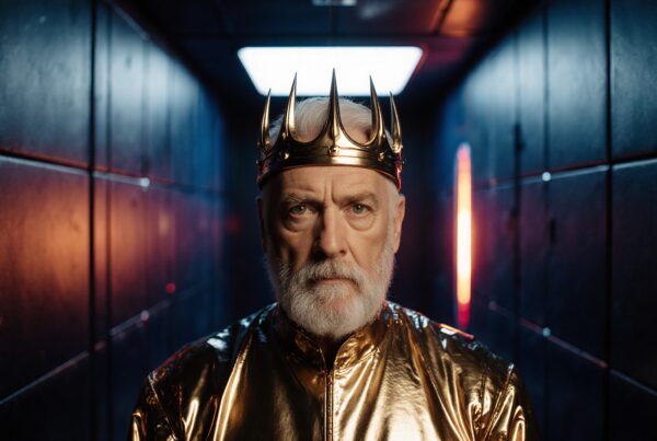 A regal man in gold robes stands in a dimly lit futuristic hallway, wearing a golden crown and an expression of contemplation.