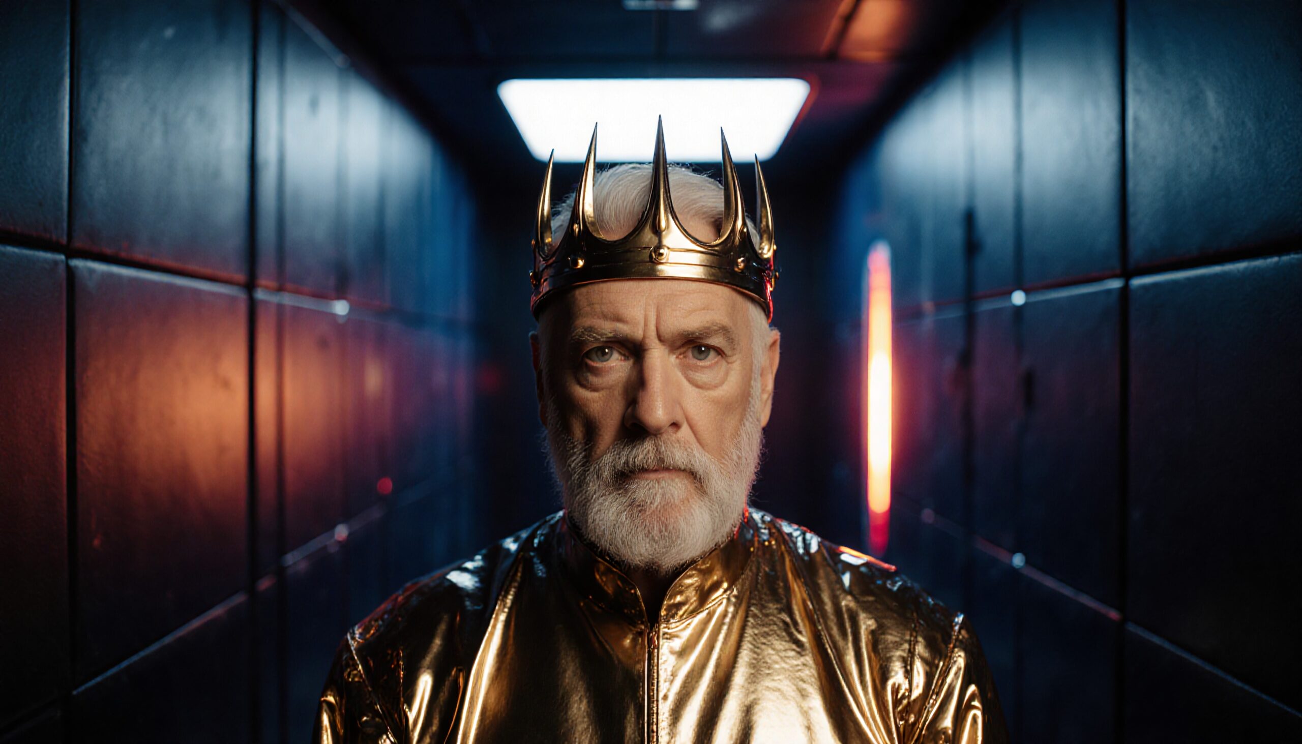 Regal Figure in Futuristic Hallway