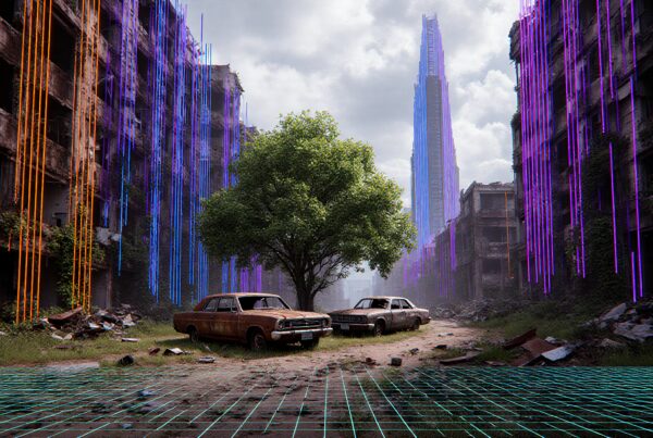 An old urban street with futuristic neon lines and a modern skyscraper, blending past and present.