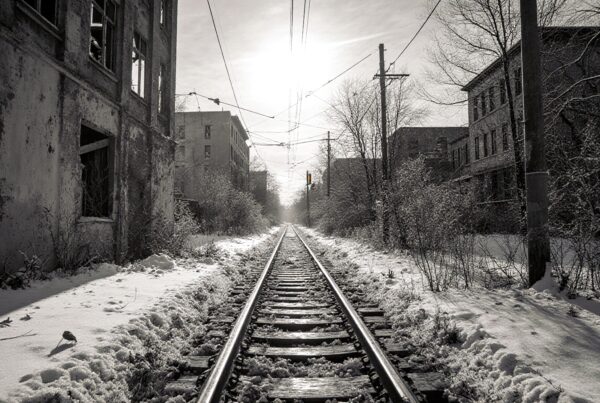 Snow-covered railway through abandoned urban landscape with bright sun in overcast sky.