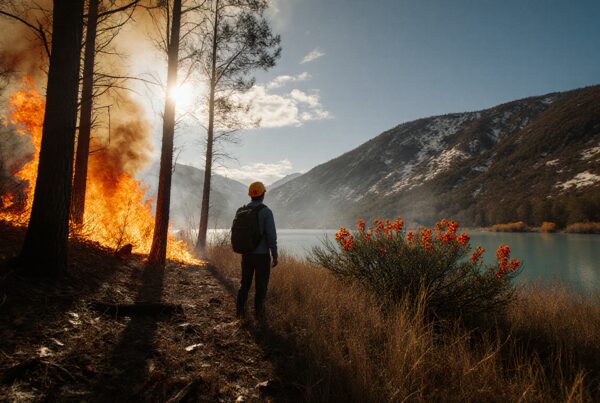 A firefighter observes a wildfire by a tranquil lake, with mountains in the background, highlighting nature's contrast between beauty and danger.