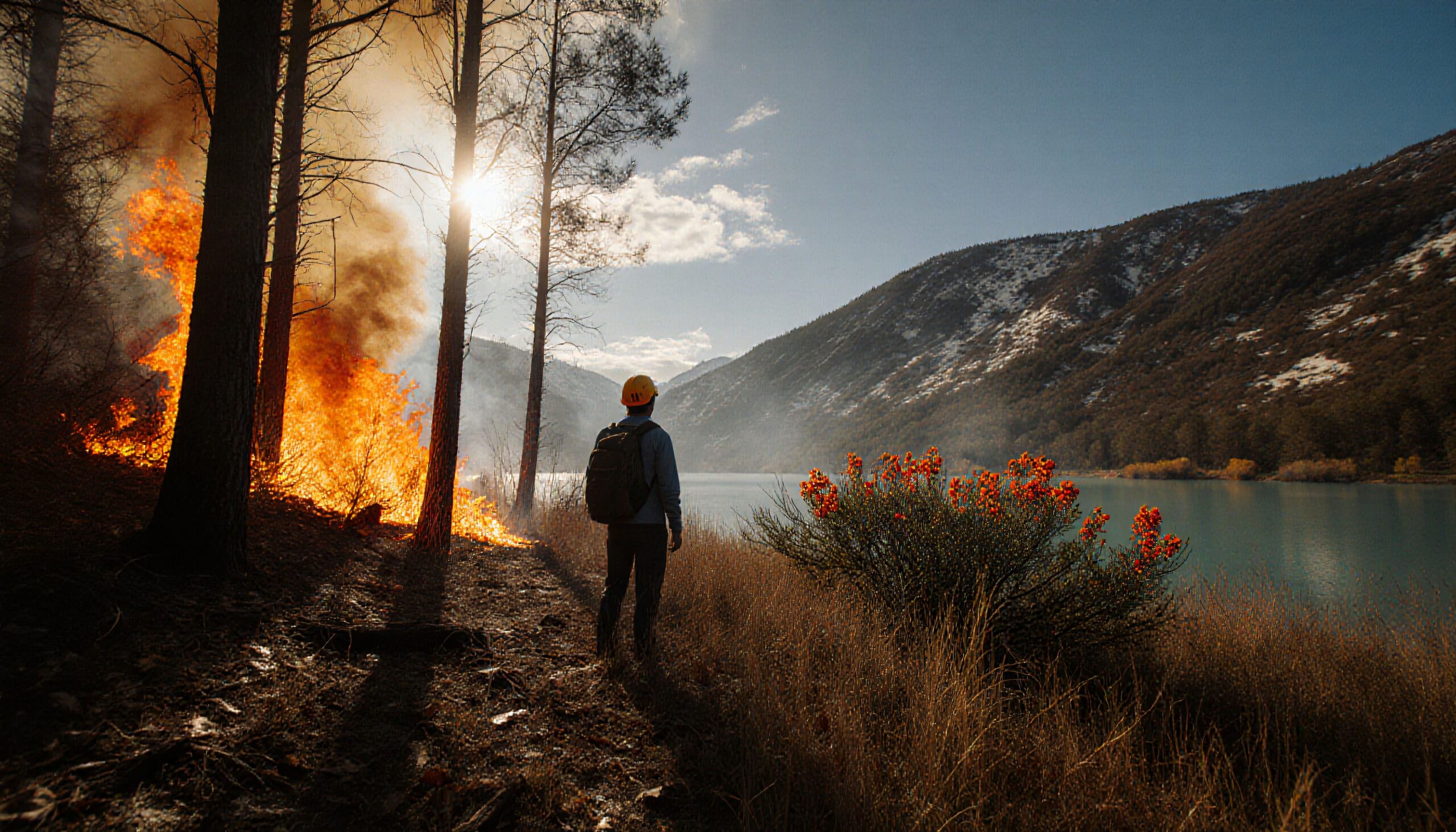 Firefighter by Lake and Flames