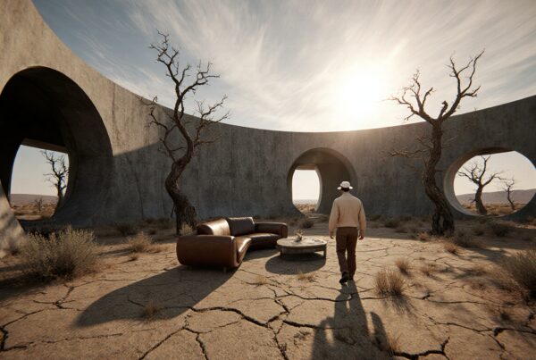 Desert setting with architecture and barren trees, sunlight streaming inside through round openings.