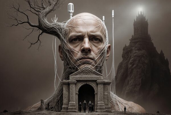 Surreal depiction of a man's head intertwined with elements of nature and architecture, creating a mysterious, otherworldly scene.