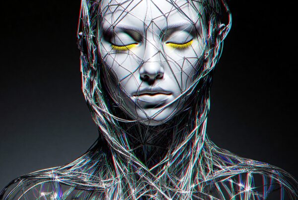 Futuristic humanoid enveloped in cybernetic wires.