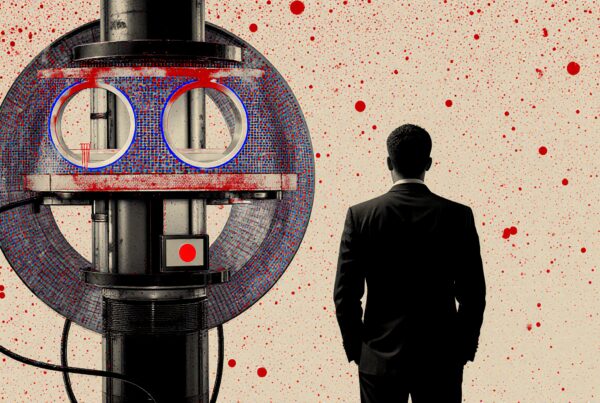 A man in a suit facing a futuristic machine with red splatters.