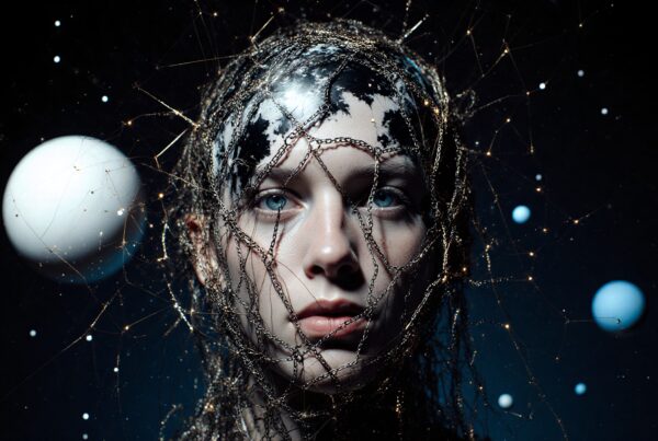 A futuristic portrait featuring a face partially covered by intricate golden threads, set in a cosmic and ethereal background with floating celestial objects.