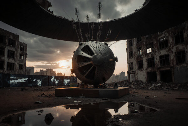Abandoned Industrial Sphere Against a Dramatic Sunset Sky
