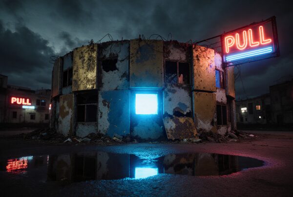 A dystopian landscape with neon lights illuminating an abandoned building.