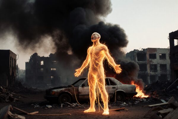 A glowing humanoid figure stands defiantly surrounded by destruction and flames, creating a striking scene of chaos and supernatural energy.
