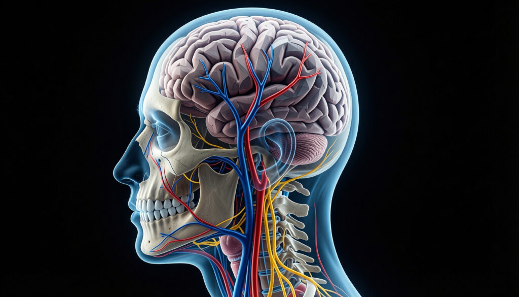 Anatomical Illustration of Human Brain and Skull with Blood Vess