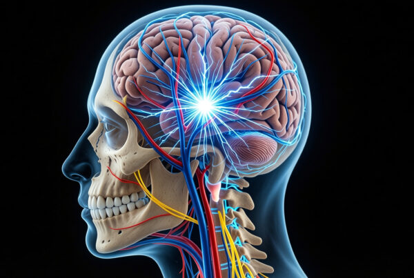 Detailed illustration of human brain with glowing neural connections and visible vascular system for neuroscience education