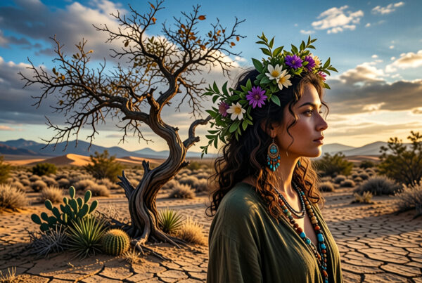 Woman wearing flower crown standing alone in desert near old tree during golden hour sunrise or sunset