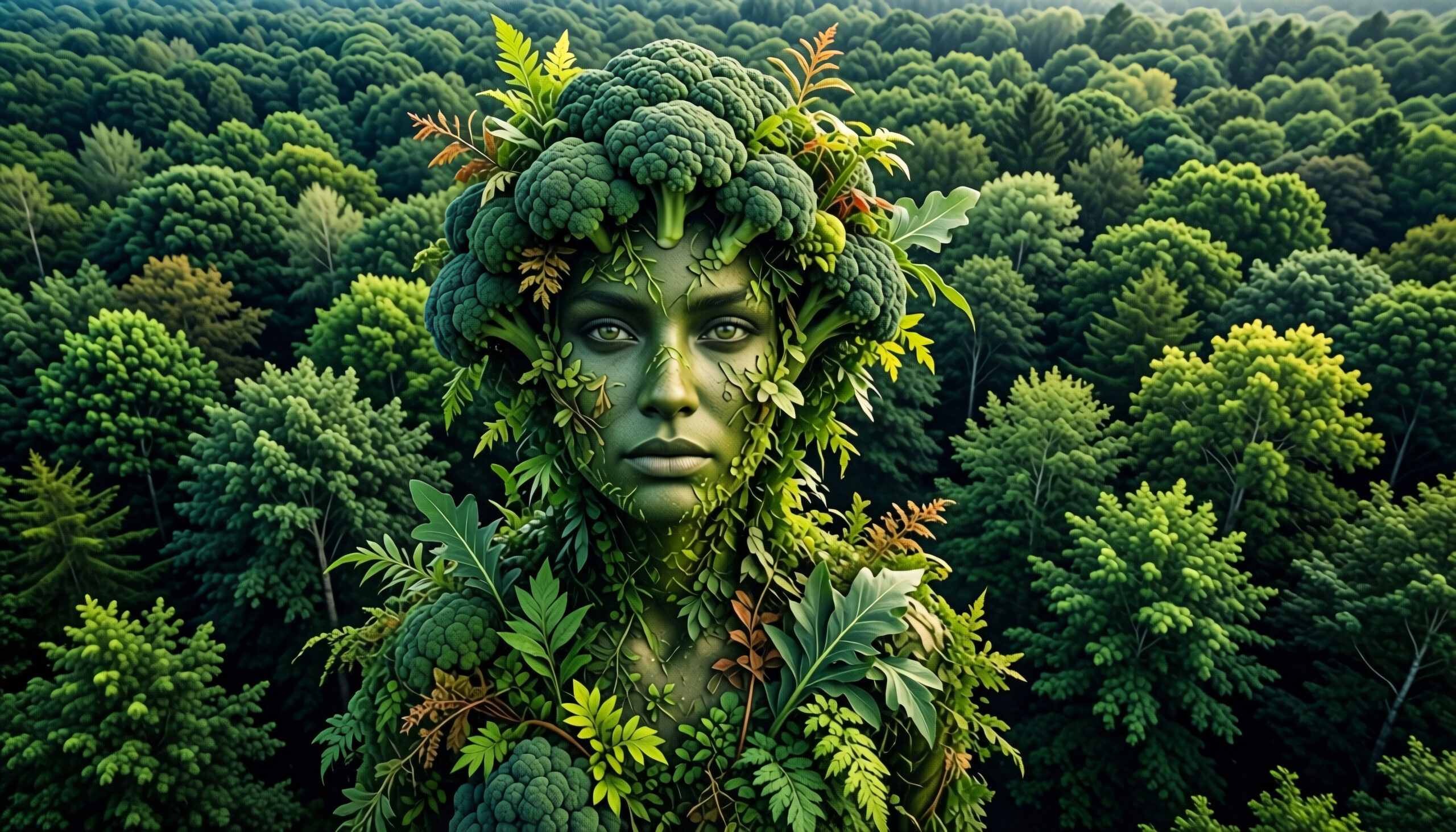 Woman Emerging from Lush Forest Canopy