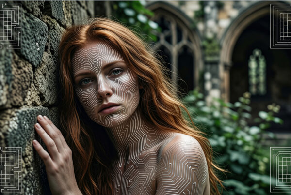 Portrait of a woman with circuit-like facial art, standing against an ancient stone wall in a lush, mysterious setting.
