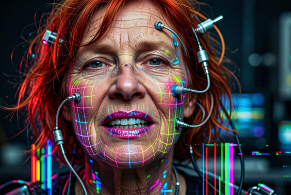 Elderly woman with glowing neon grid scanning device attached during neurotech procedure