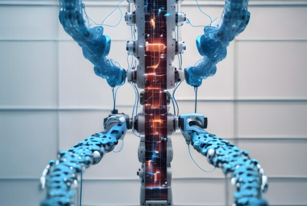 Futuristic AI Robot With Glowing Internal Circuitry And Mechanical Limbs In High-Tech Lab Setting