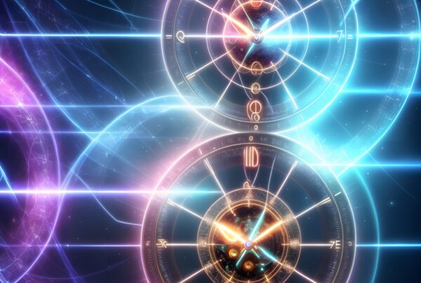 A vibrant illustration of celestial clocks and cosmic energy lines in a starry space backdrop, symbolizing time and space connection.