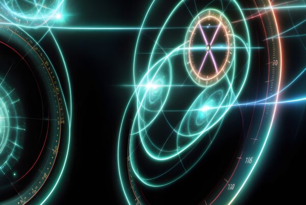 Futuristic digital interface with glowing patterns and circular designs on a black background.