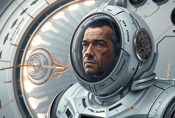 A futuristic astronaut in a high-tech suit gazes thoughtfully inside a spaceship.