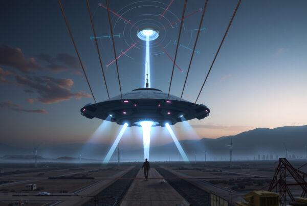 Sci-Fi Scene: Human Figure Under Hovercraft Parangon at Twilight