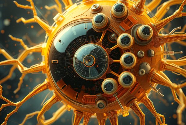 Futuristic mechanical sphere with intricate design and golden protrusions.