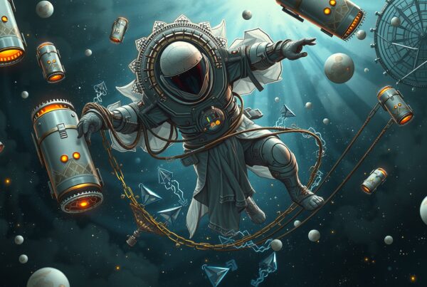 A steampunk astronaut navigates through space, surrounded by glowing canisters and celestial bodies.