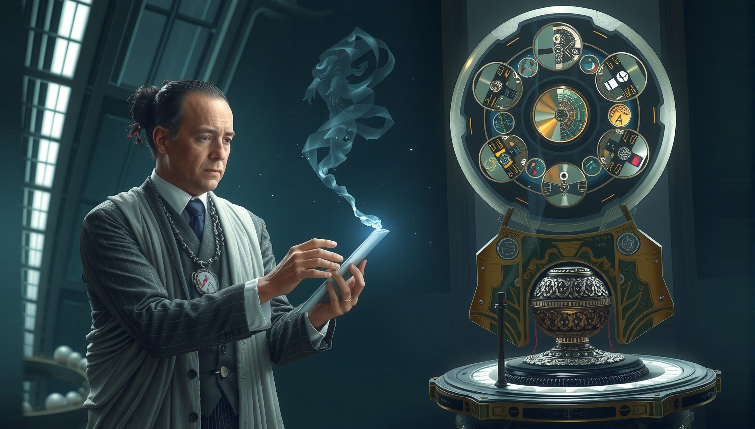 Man with Futuristic Tablet Device