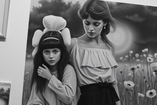 Black-and-white image of a woman and girl standing in front of a poppy field, with dramatic lighting and mysterious expressions.