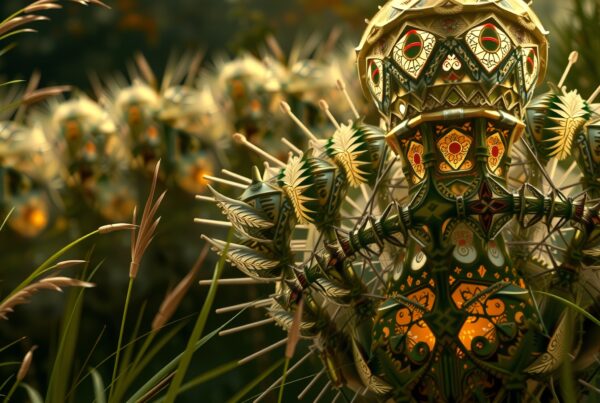Image of intricately patterned fantasy creatures glowing in tall grass, blending nature and technology.