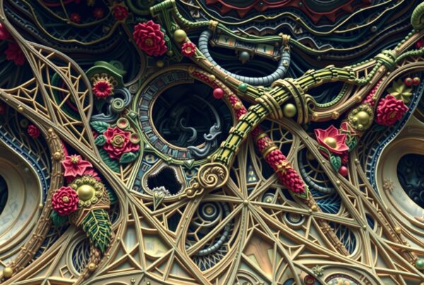 Intricate abstract design with floral and mechanical motifs, blending complexity and vibrant colors.