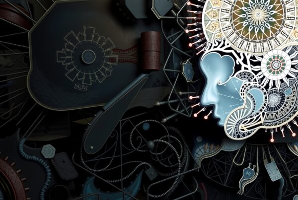 A digital illustration of a human profile intricately designed with gears and circuits, symbolizing the convergence of technology and consciousness.