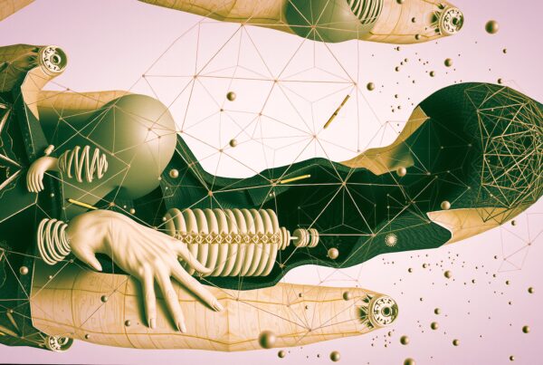 Abstract representation of futuristic humanoid intertwined with mechanical and geometric patterns.