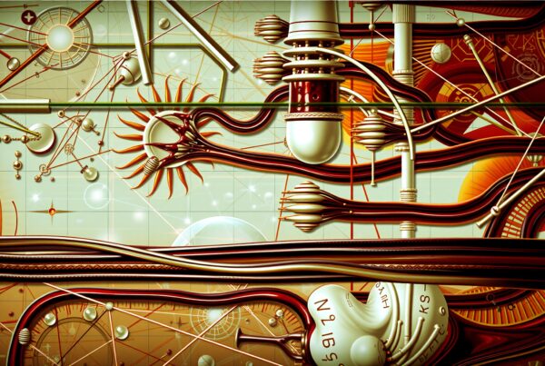 Futuristic abstract art with interconnected mechanical forms.