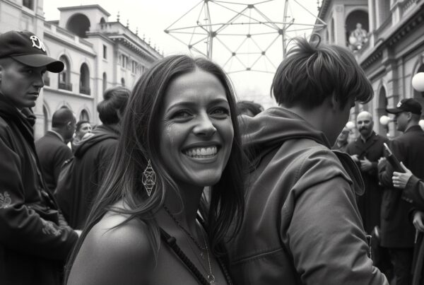 Smiling woman amid urban gathering with historic architecture in background.